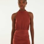 Brown High Neck Draped Open Back Mini Dress