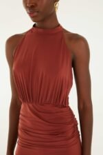 Brown High Neck Draped Open Back Mini Dress - Image 2