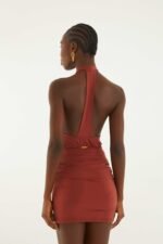 Brown High Neck Draped Open Back Mini Dress - Image 3