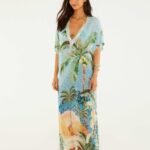 Blue Embroidered Side Slits Maxi Kimono