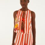 Red Fruit Stripes Embroidered Rope Details Blouse