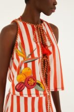Red Fruit Stripes Embroidered Rope Details Blouse - Image 2