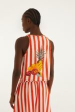 Red Fruit Stripes Embroidered Rope Details Blouse - Image 3