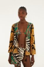 Mixed Patchwork Front Beaded Ties Blouse