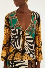 Mixed Patchwork Front Beaded Ties Blouse - Image 2