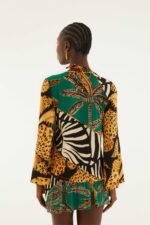 Mixed Patchwork Front Beaded Ties Blouse - Image 3