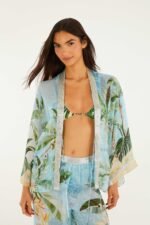 Blue Embroidered Open Front Kimono