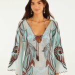 Blue Fish Net Embroidered Long Sleeve Mini Dress