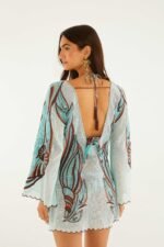 Blue Fish Net Embroidered Long Sleeve Mini Dress - Image 3
