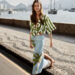 Blue Embroidered Palm Tree Maxi Skirt