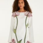 Off-White Flower Embroidered Long Sleeve Mini Dress