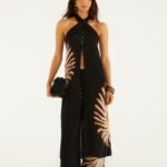 Black Ammonite Beaded Elastic Waist Pants
