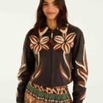 Brown Flower Cutwork Collared Leather Jacket