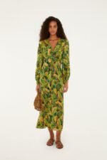 Green Forest Parrots Long Sleeve Midi Dress