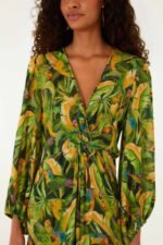 Green Forest Parrots Long Sleeve Midi Dress - Image 2