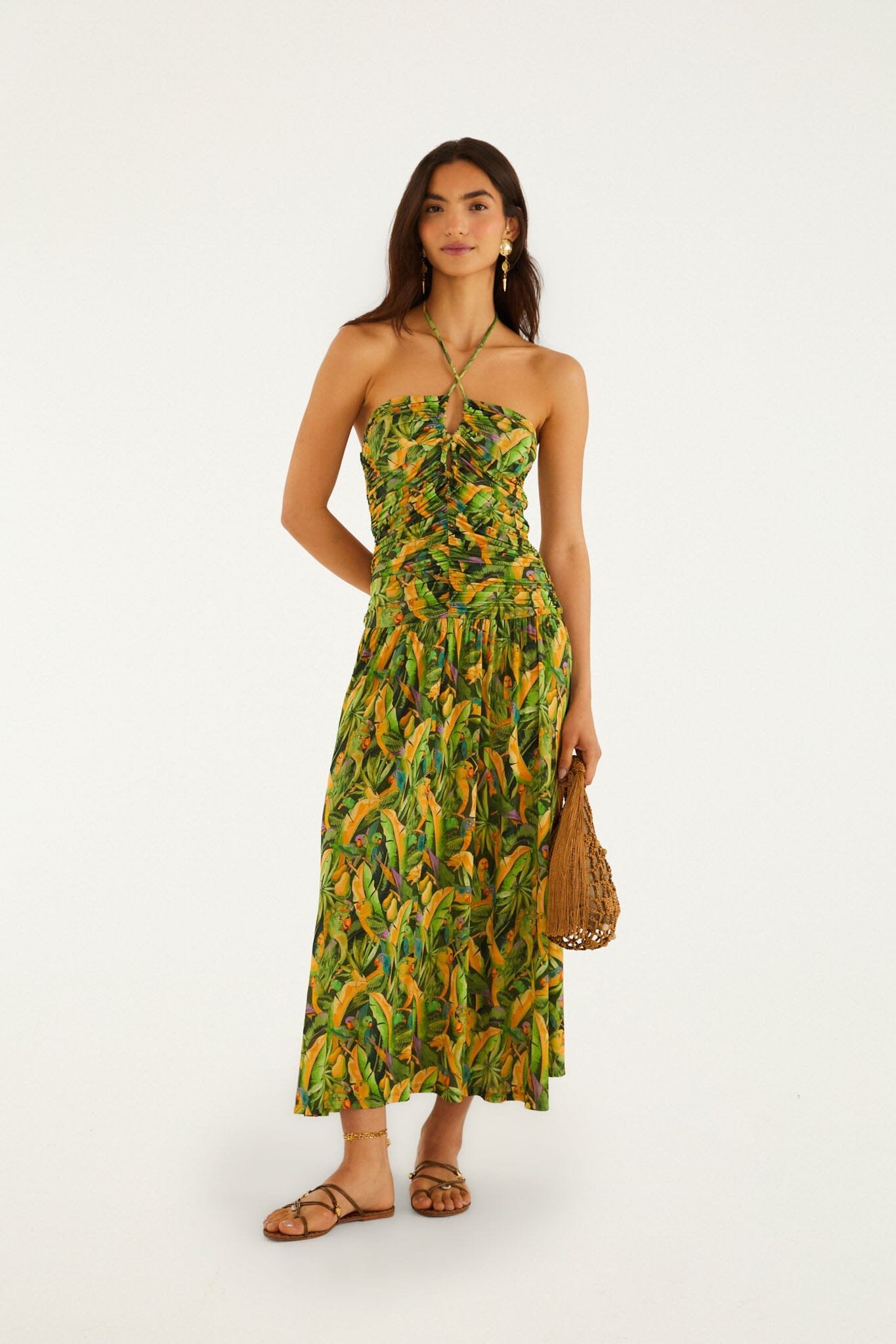 nonelie-forest-green-parrots-maxi-dress_356228 Green Forest Parrots Ruched Bodice Maxi Dress - Image 1