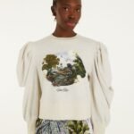 Grey Countryside Landscape Puff Sleeve Sweater