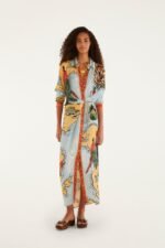 Multicolor Beaches Path Collared Buttoned Maxi Dress
