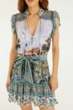 Multicolor Countryside Landscape Belted Ruffled Mini Dress - Image 2