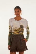 Multicolor Countryside Landscape Long Sleeve Jersey Blouse