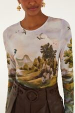Multicolor Countryside Landscape Long Sleeve Jersey Blouse - Image 2