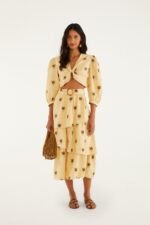 Sand Embroidered Trees Buckled Layered Midi Skirt