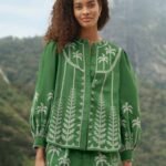 Bicolor Cross Stich Embroidery Blouse Long Sleeve