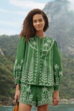 Bicolor Cross Stich Embroidery Blouse Long Sleeve