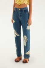 Denim Birds Embroidered Pants