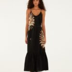 Black Ammonite Belted Pockets Open Back Maxi Dress