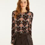 Black Porcelain Birds Long Sleeve Jersey Blouse