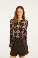 Black Porcelain Birds Long Sleeve Jersey Blouse
