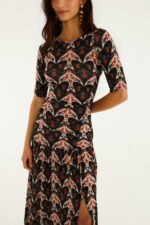 Black Porcelain Birds Long Sleeve Slim Maxi Dress - Image 2