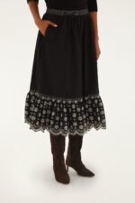 Black Richelieu Ruffled Midi Skirt - Image 2