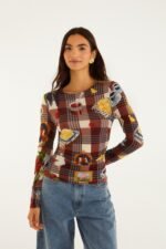Brown Country Table Tartan Long Sleeve Jersey Blouse