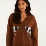 Brown Countryside Cow Collared Knit Sweater