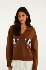 Brown Countryside Cow Collared Knit Sweater