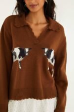 Brown Countryside Cow Collared Knit Sweater - Image 4