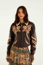 Brown Flower Cutwork Collared Leather Jacket