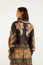 Brown Flower Cutwork Collared Leather Jacket - Image 3