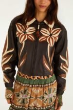Brown Flower Cutwork Collared Leather Jacket - Image 4