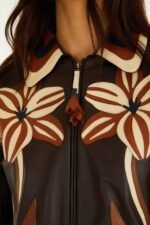 Brown Flower Cutwork Collared Leather Jacket - Image 5