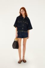 Dark Denim Pockets Wavy Hem Shorts - Image 3