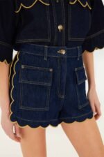 Dark Denim Pockets Wavy Hem Shorts - Image 5