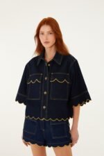 Dark Denim Pockets Wavy Hem Shorts - Image 4