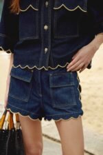 Dark Denim Pockets Wavy Hem Shorts - Image 2
