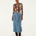 Denim Buttoned Belted Wavy Midi Skirt
