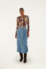 Denim Buttoned Belted Wavy Midi Skirt