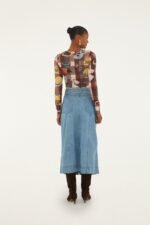 Denim Buttoned Belted Wavy Midi Skirt - Image 3