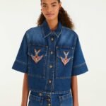 Denim Porcelain Birds Embroidered Shirt